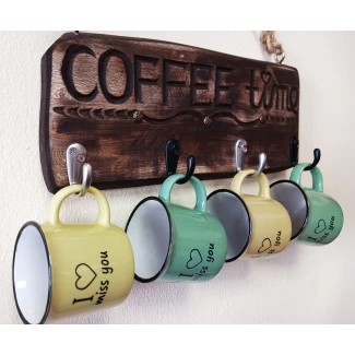 Закачалка за 4 чаши "Coffee time"- ръчна резба Закачалка за 4 чаши "Coffee time"- ръчна резба
