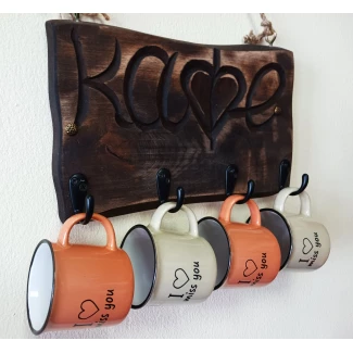 Закачалка за 4 чаши "Kафе"- ръчна резба Закачалка за 4 чаши "Kафе"- ръчна резба