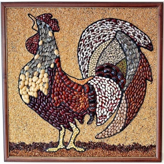 Картина "Петел"- кожа,семена и черупки, 47.5см./47.5см. 